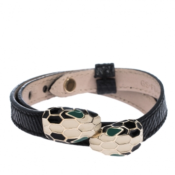 Pre Owned Bvlgari Serpenti Forever Black Exotic Skin Gold Tone Double Coiled Bracelet