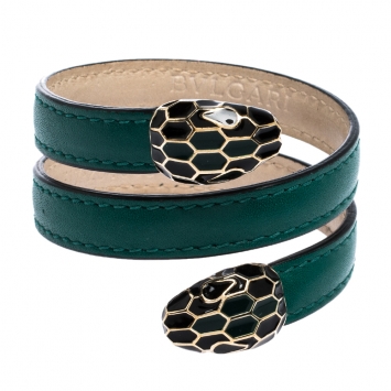 Pre Owned Bvlgari Serpenti Forever Green Leather Gold Tone Multi-coiled Rigid Bracelet