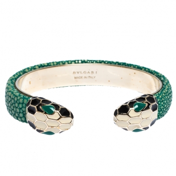 Pre Owned Bvlgari Serpenti Forever Enamel & Green Galuchat Leather Gold Plated Open Cuff Bracelet 