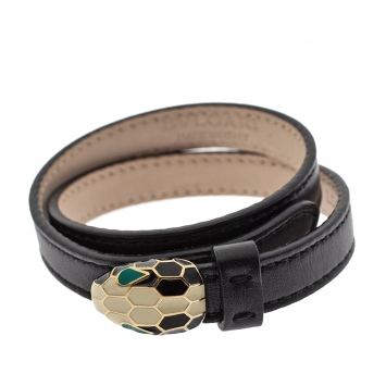 Pre Owned Bvlgari Serpenti Forever Enamel Black Leather Gold Plated Double Coiled Bracelet