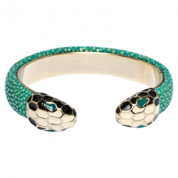 Pre Owned Bvlgari Serpenti Forever Enamel & Green Galuchat Leather Gold Plated Open Cuff Bracelet
