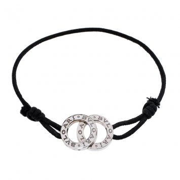 Pre Owned Bvlgari Fortuna Interlocking Circles Sterling Silver Black Cord Bracelet