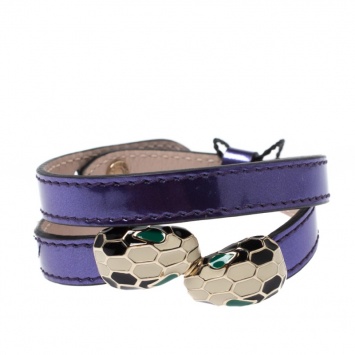 Pre Owned Bvlgari Metallic Purple Leather Serpenti Forever Double Coiled Bracelet