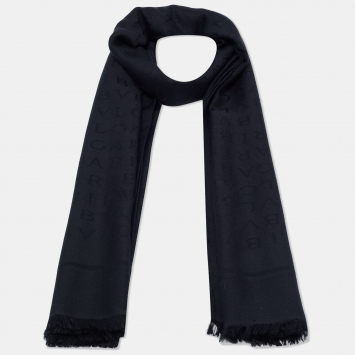 Pre Owned Bvlgari Black Wool and Silk Logomania Scarf