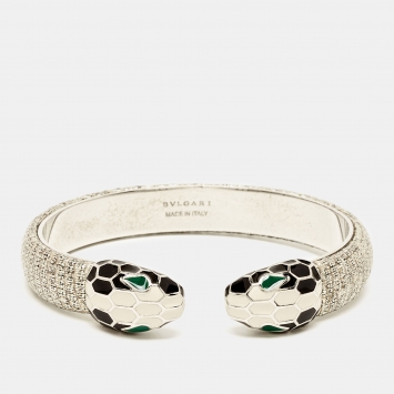 Pre Owned Bvlgari Serpenti Forever Leather Enamel Silver Tone Bracelet