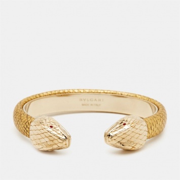 Pre Owned Bvlgari Serpenti Forever Leather Enamel Gold Tone Cuff Bracelet