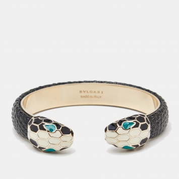 Bvlgari Serpenti Forever Metallic Black Embossed Leather Open Cuff Bracelet