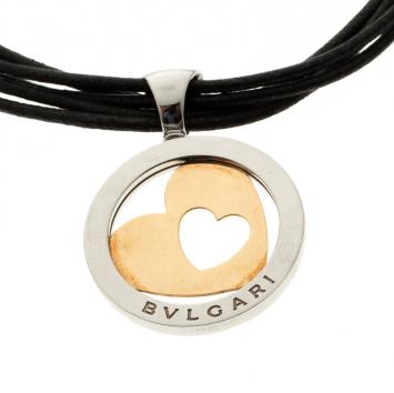 Pre Owned Bvlgari Tondo Heart 18k Gold & Stainless Steel Pendant Cord Necklace