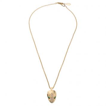 Pre Owned Bvlgari Serpenti Malachite Pave Diamonds Rose Gold Necklace