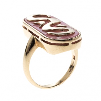 Pre Owned Bvlgari Vintage Rhodochrosite Inlay 18k Yellow Gold Ring Size 57