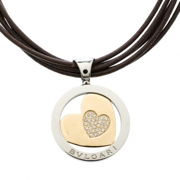 Pre Owned Bvlgari Tondo Heart Diamond 18k Yellow Gold Stainless Steel Pendant Cord Necklace