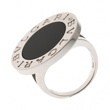 Pre Owned Bvlgari Onyx Inlay 18k White Gold Circular Ring  Size 55