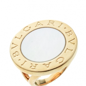 Pre Owned Bvlgari Bvlgari Mother of Pearl 18k Yellow Gold Circular Ring Size 53