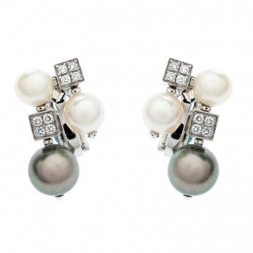 Pre Owned Bvlgari Lucea Diamond Cultured Pearl 18k White Gold Cluster Earrings