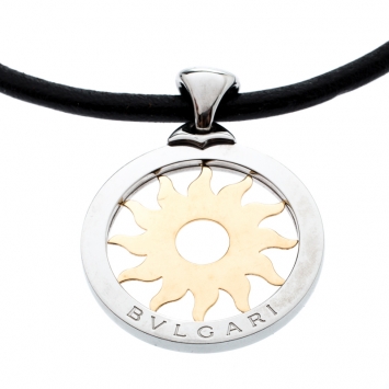 Pre Owned Bvlgari Tondo Sun 18k Gold & Stainless Steel Pendant Cord Necklace