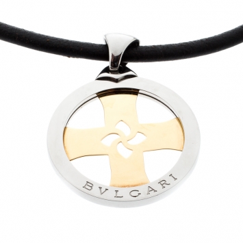 Pre Owned Bvlgari Tondo Cross 18k Gold & Stainless Steel Pendant Cord Necklace