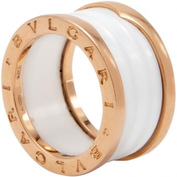 Pre Owned Bvlgari White B.Zero White Ceramic 18K Rose Gold Ring Size 53