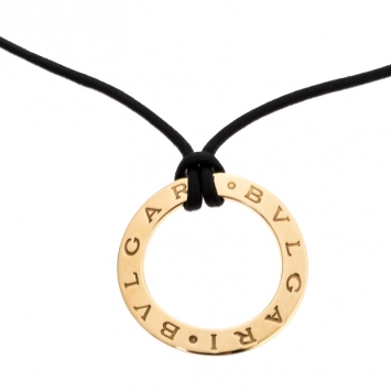 Pre Owned Bvlgari Circular 18k Yellow Gold Pendant Black Cord Necklace 