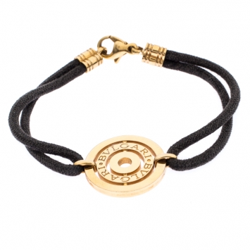Pre Owned Bvlgari 18K Yellow Gold Engraved Circle Charm On Cord Bracelet