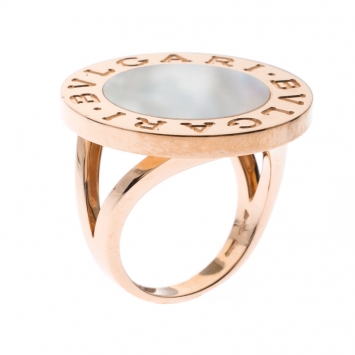 Pre Owned Bvlgari Mother of Pearl Inlay 18k Rose Gold Circular Ring Size 56