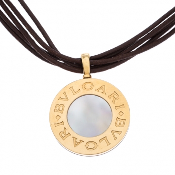 Pre Owned Bvlgari Reversible 18K Yellow Gold with MOP & Steel with Onyx Pendant Leather Cord Necklace 