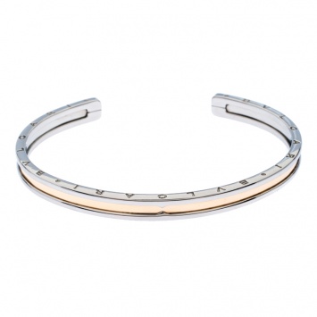 Pre Owned Bvlgari B.Zero1 Stainless Steel 18k Rose Gold Narrow Open Cuff Bracelet