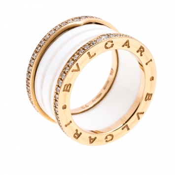 Pre Owned Bvlgari B.Zero1 White Ceramic Pave Diamond 18K Rose Gold 4-Band Ring Size 54
