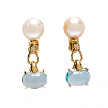 Pre Owned Bvlgari Allegra Cultured Pearl Diamond Blue Topaz 18k Yellow Gold Clip-on Drop Earrings
