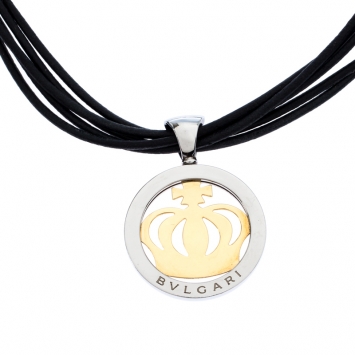 Pre Owned Bvlgari Crown Tondo 18K Yellow Gold Stainless Steel Pendant Cord Necklace