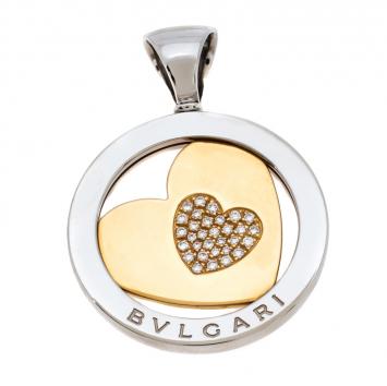 Pre Owned Bvlgari Tondo Heart Diamond 18K Yellow Gold Stainless Steel Pendant 
