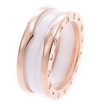 Pre Owned Bvlgari B.Zero1 2-Band White Ceramic 18k Rose Gold Band Ring Size 57