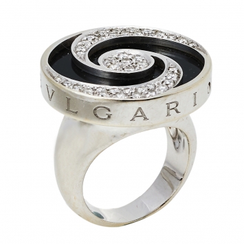 Pre Owned Bvlgari Optical Illusion Black Onyx Diamond 18K White Gold Ring Size 51