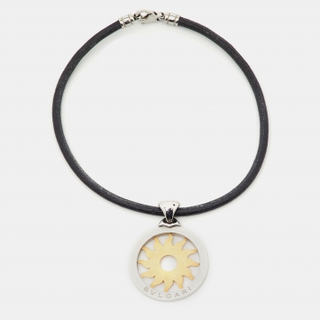 Pre Owned Bvlgari Tondo Sun 18K Yellow Gold & Stainless Steel Pendant Cord Necklace