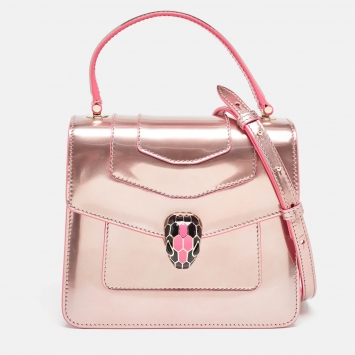 Pre Owned Bvlgari Rose Gold Patent Leather Small Serpenti Forever Top Handle Bag
