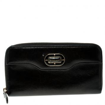 Pre Owned Bvlgari Metallic Black Leather Zip Around Wallet