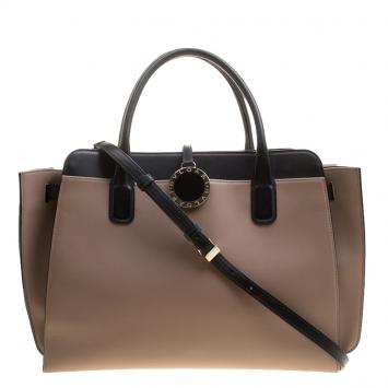Pre Owned Bvlgari Taupe and Black Leather Tote