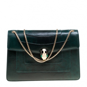 Pre Owned Bvlgari Green Lizard Medium Serpenti Forever Shoulder Bag