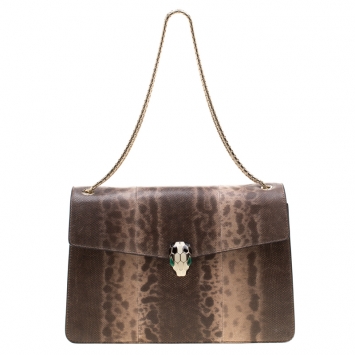 Pre Owned Bvlgari Brown Python Medium Serpenti Flap Shoulder Bag