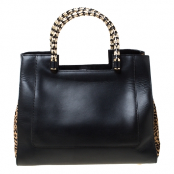 Pre Owned Bvlgari Black/Beige Leather and Leopard Print Calfhair Serpenti Scaglie Tote