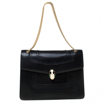 Pre Owned Bvlgari Black Leather Large Serpenti Forever Shoulder Bag