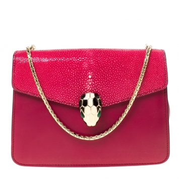 Pre Owned Bvlgari Dark Pink Leather and Stingray Serpenti Forever Shoulder Bag