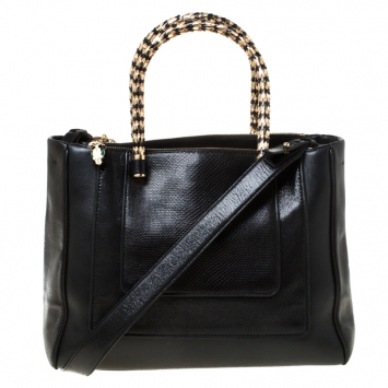 Pre Owned Bvlgari Black Snakeskin and Leather Medium Serpenti Tote