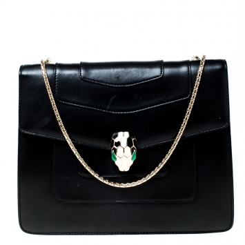 Pre Owned Bvlgari Black Leather Medium Serpenti Forever Flap Shoulder Bag