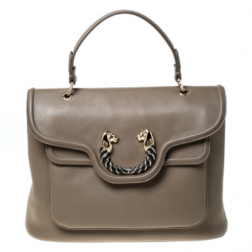 Pre Owned Bvlgari Olive Green Leather Leoni Top Handle Bag 
