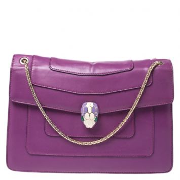 Pre Owned Bvlgari Purple Leather Medium Serpenti Forever Flap Shoulder Bag