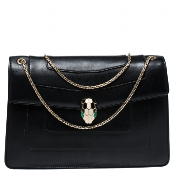 Pre Owned Bvlgari Black Leather Medium Serpenti Forever Flap Shoulder Bag