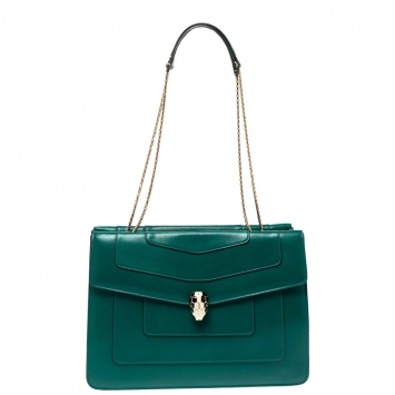 Pre Owned Bvlgari Green Leather  Serpenti Forever Double Flap Shoulder Bag