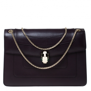 Pre Owned Bvlgari Dark Plum Leather Medium Serpenti Forever Flap Shoulder Bag