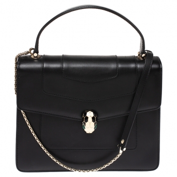 Pre Owned Bvlgari Black Leather Serpenti Forever Flap Bag