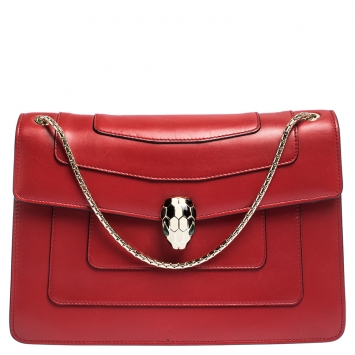 Pre Owned Bvlgari Red Leather Medium Serpenti Forever Flap Shoulder Bag